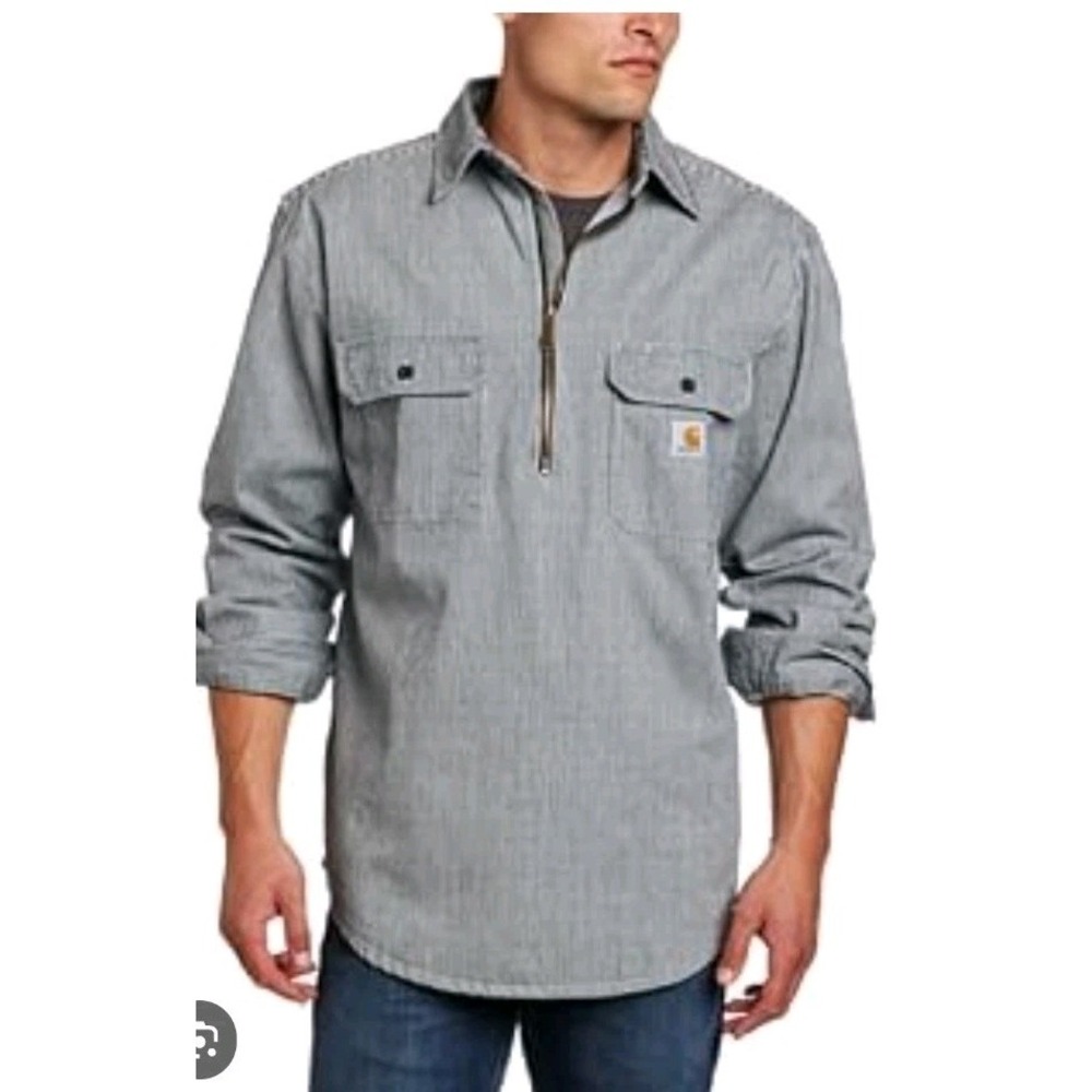 Carhartt Hickory Striped Denim Shirt Quarter Zip Mens L Railroad Logger Shacket